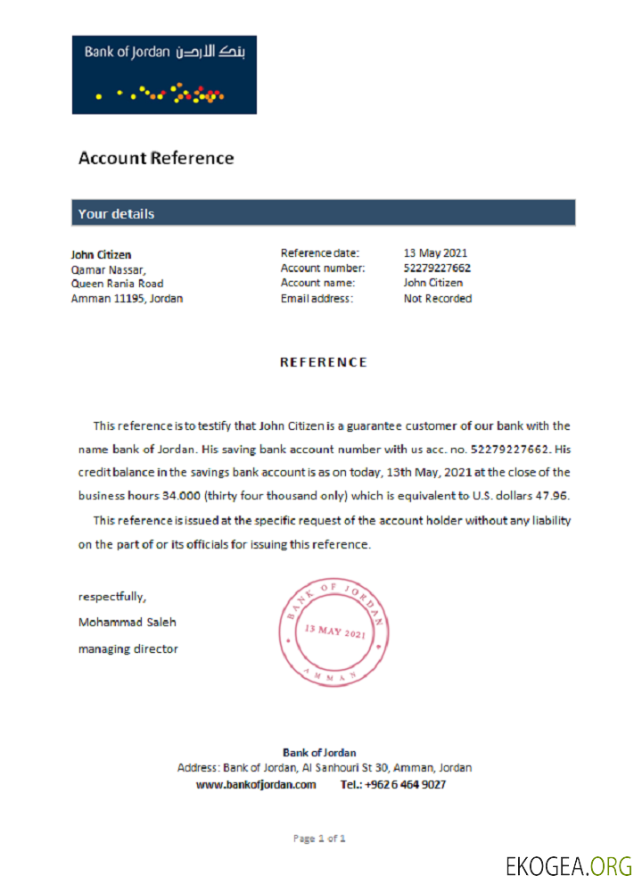 Jordan , bank of Jordan , reference